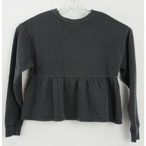 BP Women's Small "Washed" Black French Terry Ruffle Cropped Crew Babydoll Top